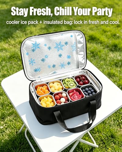 Stainless Steel Snackle Box with Ice Pack - 8-Compartment Large Travel Snack Tray, Silver White
