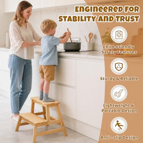 Natural Kids Step Stool with Cloud Design - 2-Step Bathroom & Kitchen Helper - Supports 300 lbs
