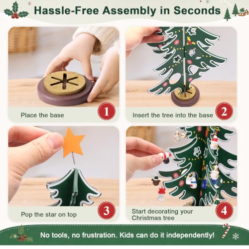 LIHAO 2026 Wooden Advent Calendar Tree with 24 Mini Ornaments & Warm LED Lights (Tree Shape, With String Lights)