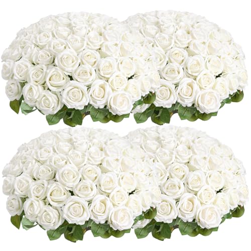 Artificial White Roses Set - 104 Realistic Fake Flowers for Wedding & Decor