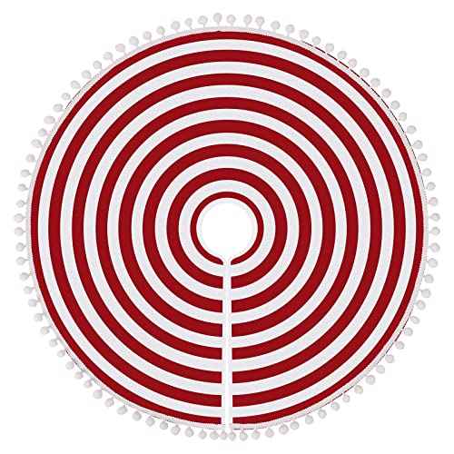 HOHOTIME Christmas Tree Skirt, Red White Annual Rings 30 Inch Tree Skirt with Pom Pom Trim for Holiday Party Xmas Natural Rustic Tree Skirt for Holiday Home Decor