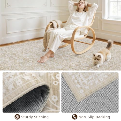 Luxturiy 8x10 Beige Washable Area Rug for Living Room & Bedroom, Soft Low Pile