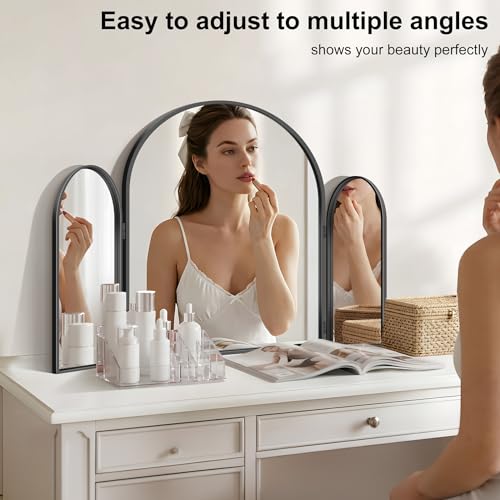 GLASHOM Black 36 x 24 Inch Arched Tri-Fold Vanity Mirror - Wall Mount/Tabletop