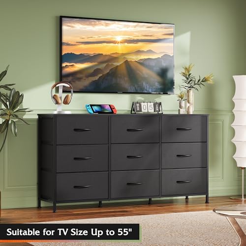 WLIVE Black 55 Inch TV Dresser with 9 Detachable Fabric Drawers Bedroom Storage