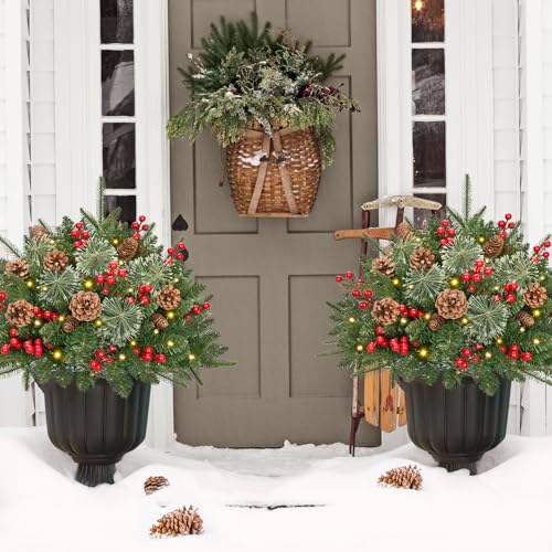 Waipfaru 26-Inch Outdoor Prelit Planter Bushes with Cones & Red Berries - Light Green 2 Pack