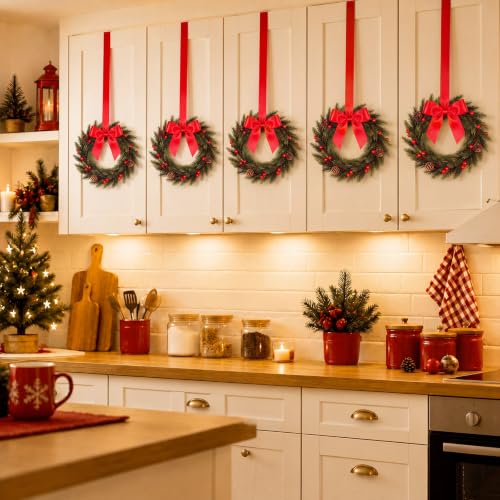 Rivvlive 6 Pcs 10'' Mini Christmas Chair Wreath with Red Satin Bow - Norfolk & Cedar Variants
