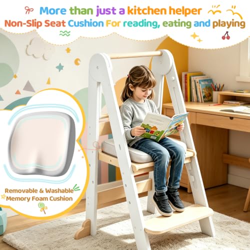 Foldable Wooden Toddler Learning Tower - Height Adjustable Kids Step Stool - White Variation