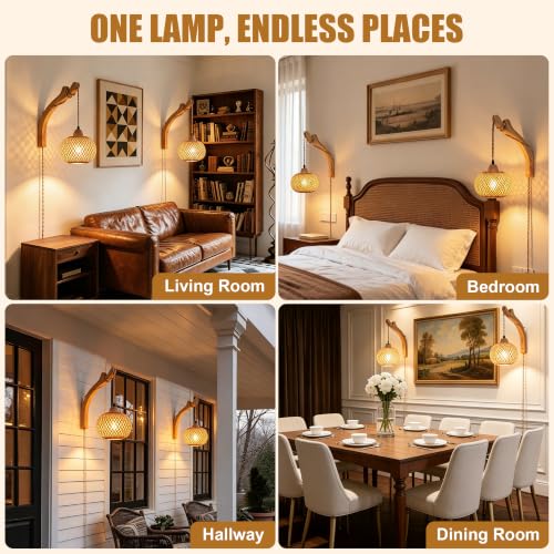 Orange Bamboo Wall Sconce - Hand Woven Rattan Farmhouse Wall Lamp with Plug-in Cord