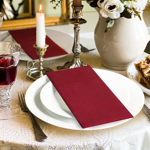 KAMMAK Burgundy Red Disposable Cloth-Like Paper Dinner Napkins 16.5x16.5 Inch - 100 Pack with Pocket for Party Wedding Dining
