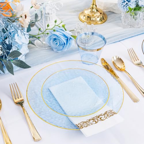 DaYammi 350pcs Clear Blue Plastic Dinnerware Set for 50 Guests - Includes Plates, Utensils, Cups & Napkins