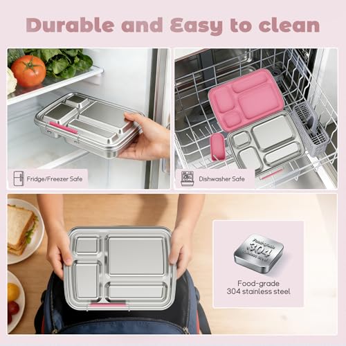 Eoika Pink Stainless Steel Kids Bento Box 4-Compartment Lunch Container with Silicone & Sauce Cup