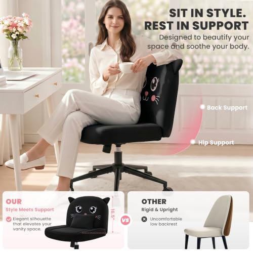 ALLGOD Black Cat Shape Armless Vanity Chair with Soft Fabric, Playful Office Desk Seat