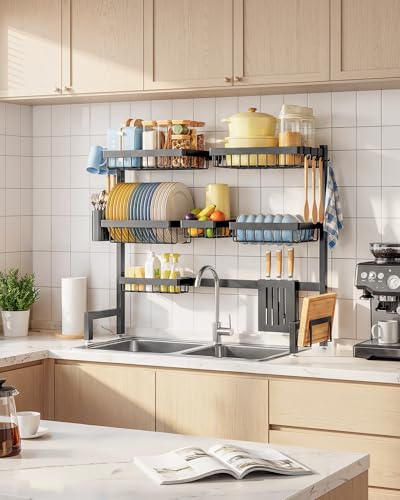 Black 3-Tier Over-The-Sink Dish Drying Rack - Adjustable Stainless Steel Kitchen Organizer
