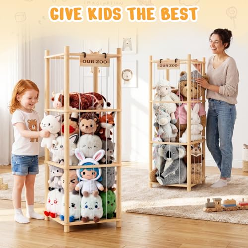 Woodure Natural Stuffed Animal Storage & Organizer - Wooden Zoo Toy Holder for Toddler Rooms (2pcs)