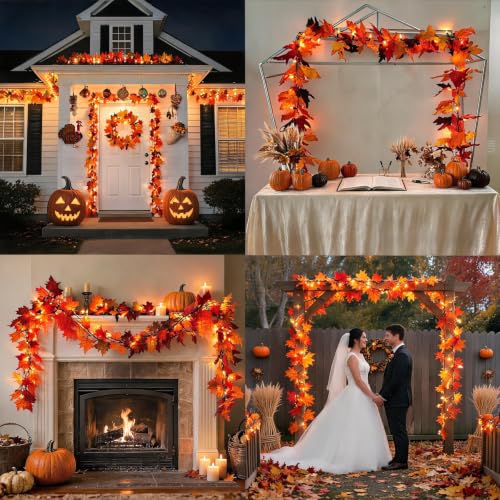 Efunly 9Ft 3-Pack LED Maple Leaf Garland with Timer & 8 Modes - Fall Halloween Decorations