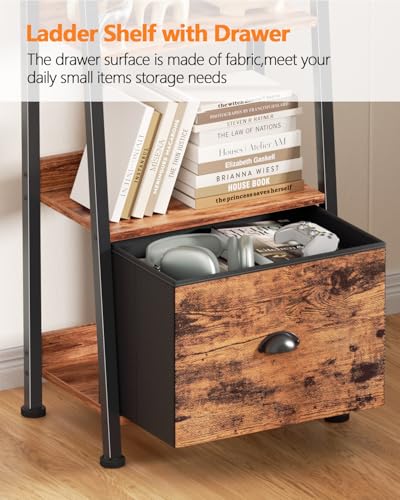 Furologee Rustic Brown 6-Tier Ladder Shelf with Fabric Drawer - Tall Storage Bookcase