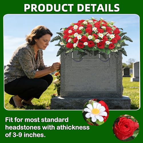 Lodou Red Artificial Cemetery Flower Saddle for Memorial Graves Headstones