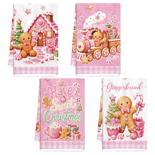 MOIZYNG Pink Christmas Gingerbread Kitchen Towels Set of 4 - Holiday Dish Towels