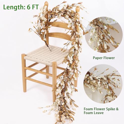 Artificial Fall Garland 6 Feet Beige Floral & Leaf Decor for Mantle, Wedding & Room