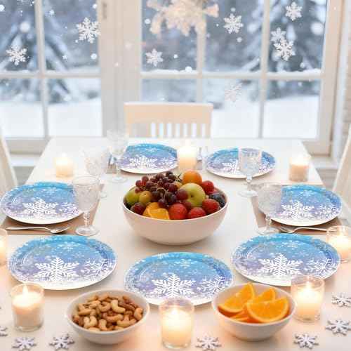 50PCS Frozen Plates and Napkins Party Decorations, 7inch Frozen Paper Dessert Plates and Napkins Disposable Winter Snowflake Tableware Sets for Christmas Winter Wonderland Party Supplies Table Decor