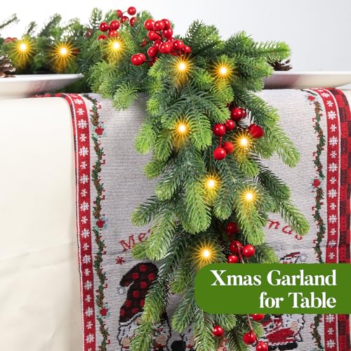 Amazqi 6FT Pre-Lit Christmas Garland with Red Berries, 30 LED Lights & 8 Modes