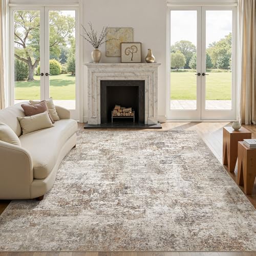Natunest 9x12 Brown & Grey Washable Area Rug - Non Slip, Abstract Pattern