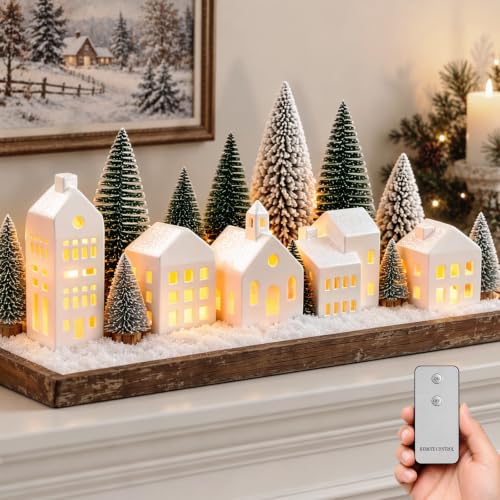 Lighted Christmas Village Set with Ceramic Houses, Mini Trees & Remote Control