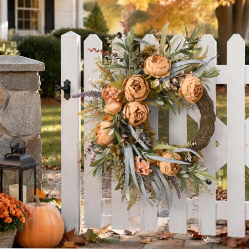 Autumn Colors Fall Wreath for Front Door with Peony & Eucalyptus - 1 Pack