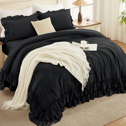 Andency Black King Ruffle Comforter Set - 3 Piece Solid Bedding with Pillowcases