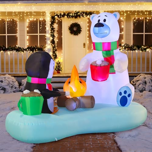 Joiedomi 6 ft Christmas Inflatable Polar Bear & Penguin with Campfire (Fire Bear) – Built-in LEDs, Lawn Decor