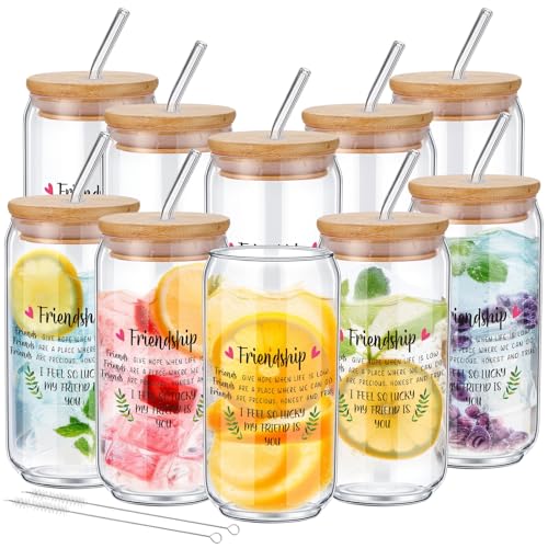 Reallnaive Friendship Glass Cups - Set of 10 with Bamboo Lids & Straws, Gift for Friends & Family