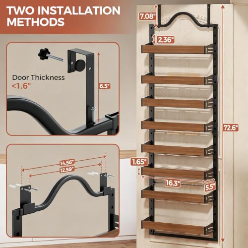 8-Tier Over-the-Door Pantry Organizer with Wooden Baskets - Black, 72.6 x 17.1 inches, Adjustable Shelves