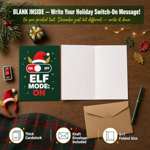Elf Mode Christmas Card — ON/OFF Switch with Elf Ears, Dark Green 5x7
