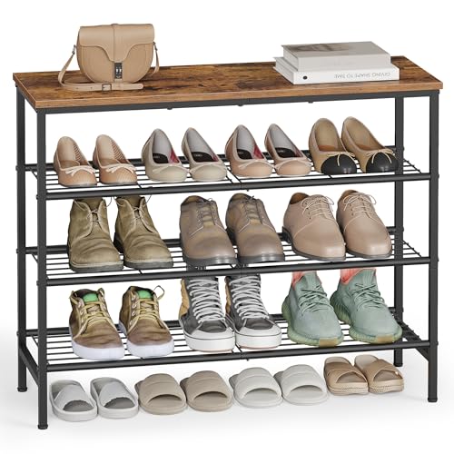VASAGLE Rustic Brown & Ink Black 4-Tier Metal Shoe Rack - Holds 12-16 Pairs