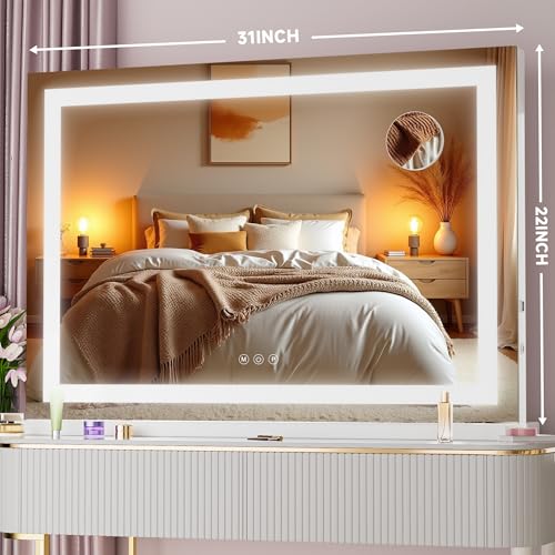 Square White LED Makeup Mirror with Lights 32x22 Inch, 10X Magnification, Dimmable & Touch Control