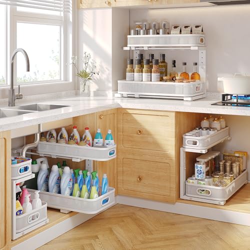 Biboraya 2 Pack Under Sink Organizer White - 19.3-inch Depth, 2-Tier Pull-Out Storage, Height Adjustable, Rust-Resistant Kitchen & Bathroom Cabinet Organizer