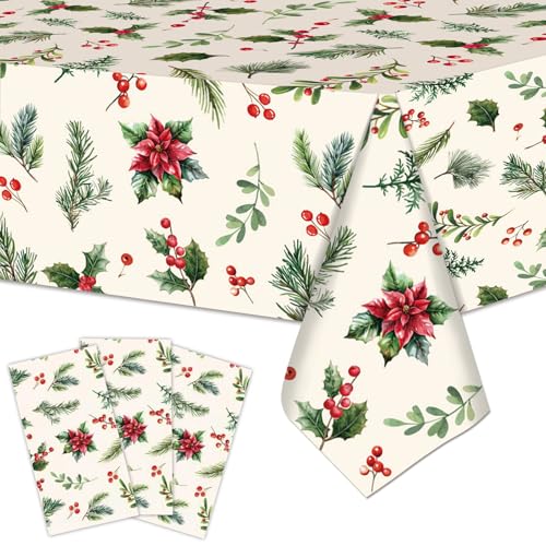 Tedercle Christmas Greenery Tablecloth – 54x108 Inch, 3 Pack, Disposable Holiday Plastic Cover with Holly & Pine Design