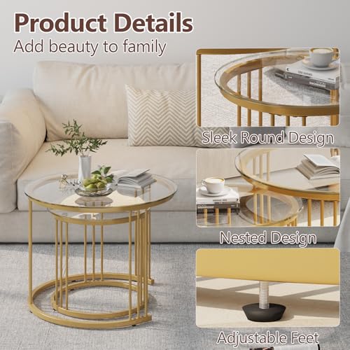 Garden 4 You Gold Glass Nesting Coffee Tables Set of 2 - Space-Saving Round Side Tables for Living Room & Bedroom