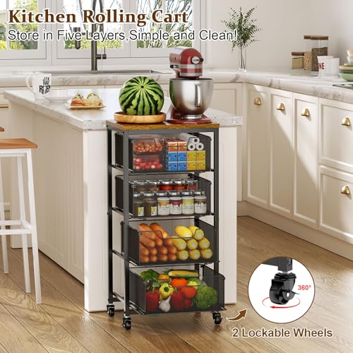 Brown 4-Tier Kitchen Rolling Cart with Drawers and Wooden Top for Fruits & Vegetables