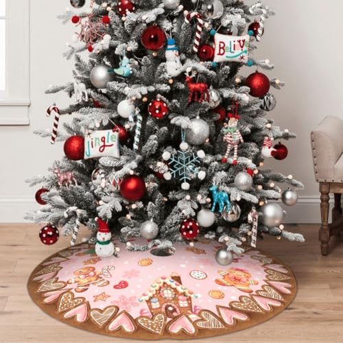 Candy Gingerbread Man Christmas Tree Skirt - Plush Polyester Mat Resistant with 3 Red Ties for Xmas, Halloween Decorations, Party Decor 30"
