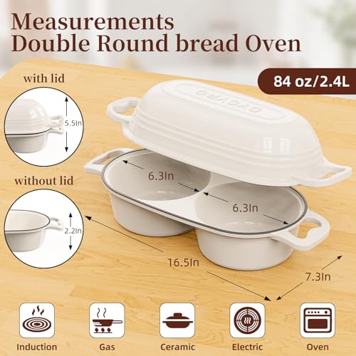 Enamelled Cast Iron Double Round Bread Loaf Pot with Lid - Cream White - 2 Chambers