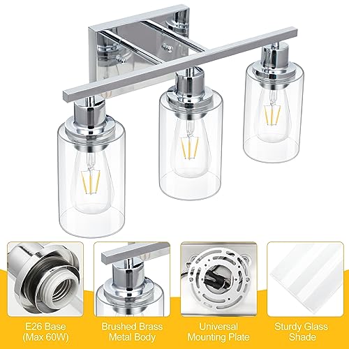 Apenath Chrome 3-Light Vanity Light Fixtures Modern Wall Sconces with Clear Glass Shades