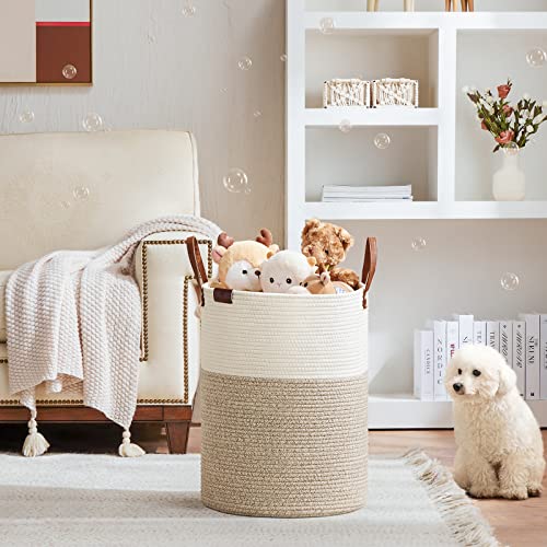 Tall Laundry Basket with Leather Handle - 58L Woven Rope Storage Hamper, Brown