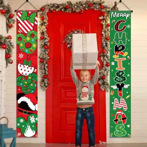 Mouse Christmas Porch Sign Banner 2pcs Christmas Door Banner for Front Yard Hanging Banner