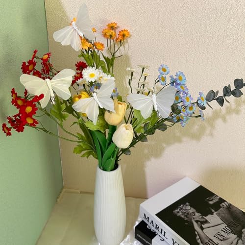 12PCS Artificial White Feather 3D Butterfly On Clip 4.9-Inch Realistic Butterflies for Spring Wreaths Crafts Christmas Tree Decorations Wedding Bouquets Decor (White)