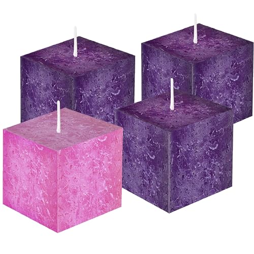 Advent Candles Set of 4 – Unscented, Non-Drip Rustic Pillar Candles (3 purple, 1 pink) – Made in USA