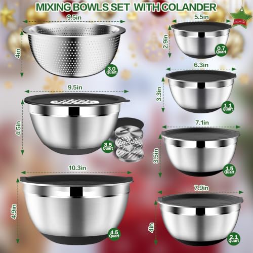DUTZUN 16-Piece Stainless Steel Mixing Bowls Set with Lids & Colander - Non-Slip Base, 3 Graters, Nesting Design - Black