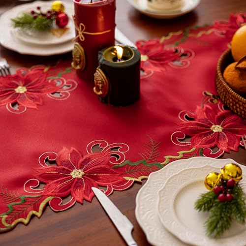Joyfol Day Christmas Red Embroidered Table Runner 14x86 Inch - Poinsettia Holly Leaves & Acorns Holiday Decor