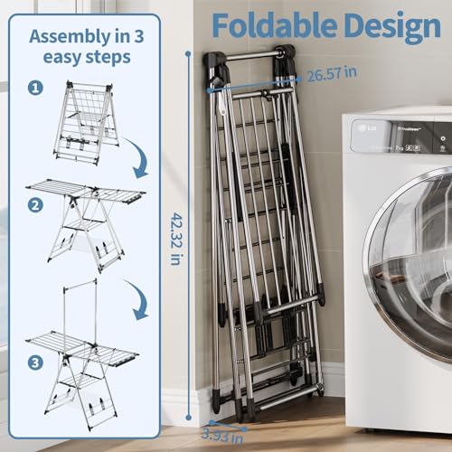 APEXCHASER Clothes Drying Rack with High Hanger - Silver, 2 Wings, 3-Level Adjustable