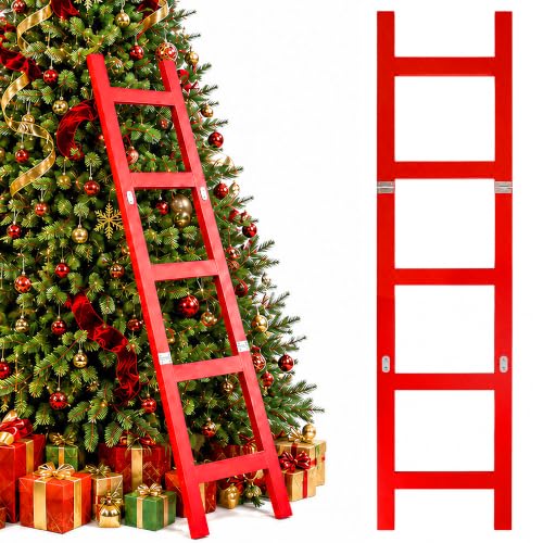 47-Inch Red Wooden Christmas Ladder Decor for Holiday Tree Displays